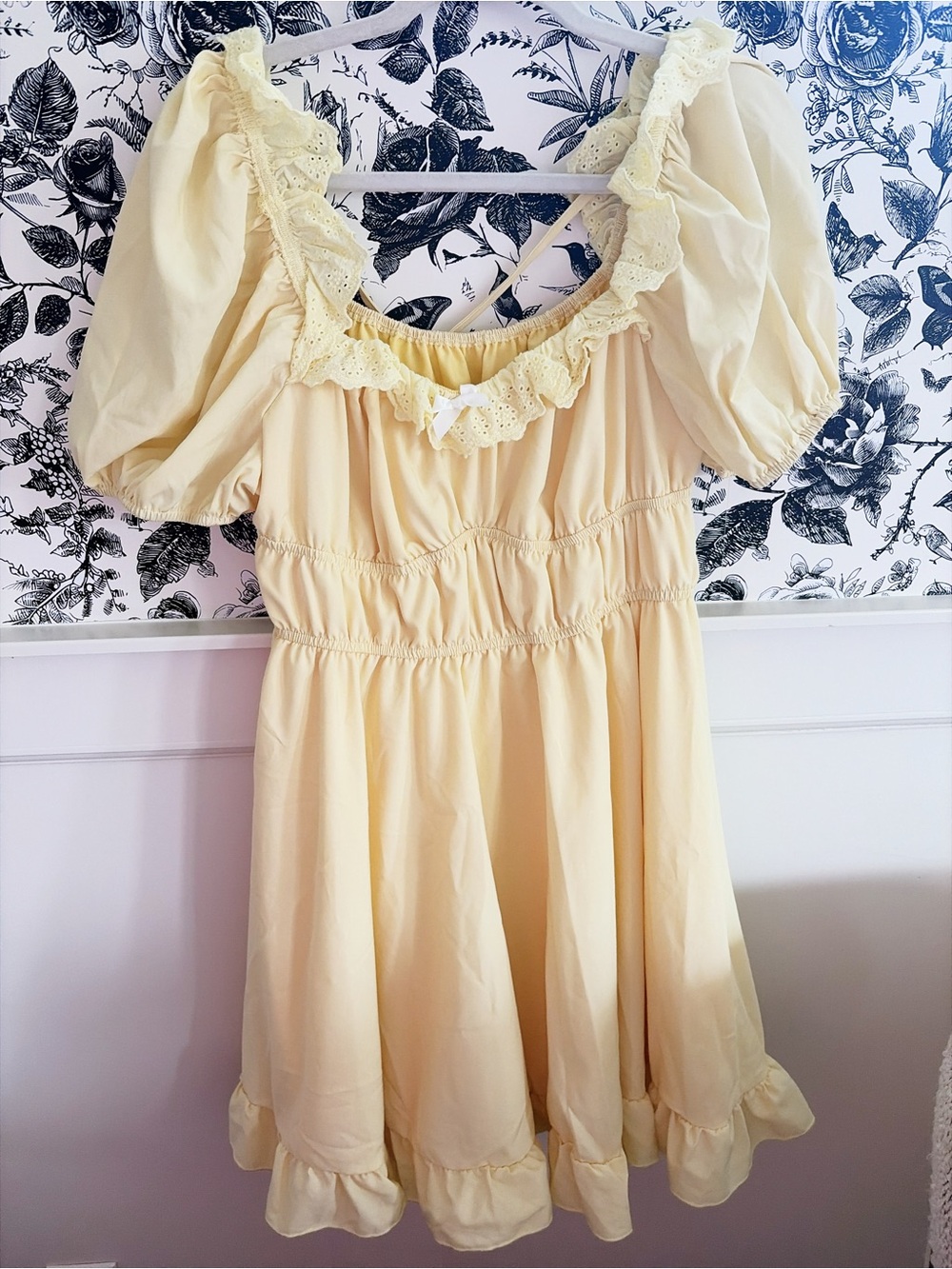 SHEIN Pale Yellow Ruffle Puff-Sleeve Mini Dress